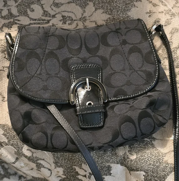 Coach Purse Black Signature Canvas Crossbody Bag Leather Trim Silver Tone Accent - Picture 1 of 11